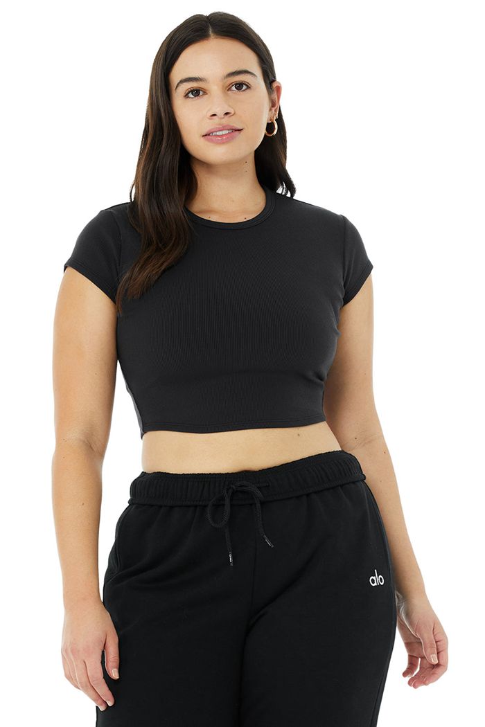 Black Alo Yoga Ribbed Women's Short Sleeve | 94258ZPAX