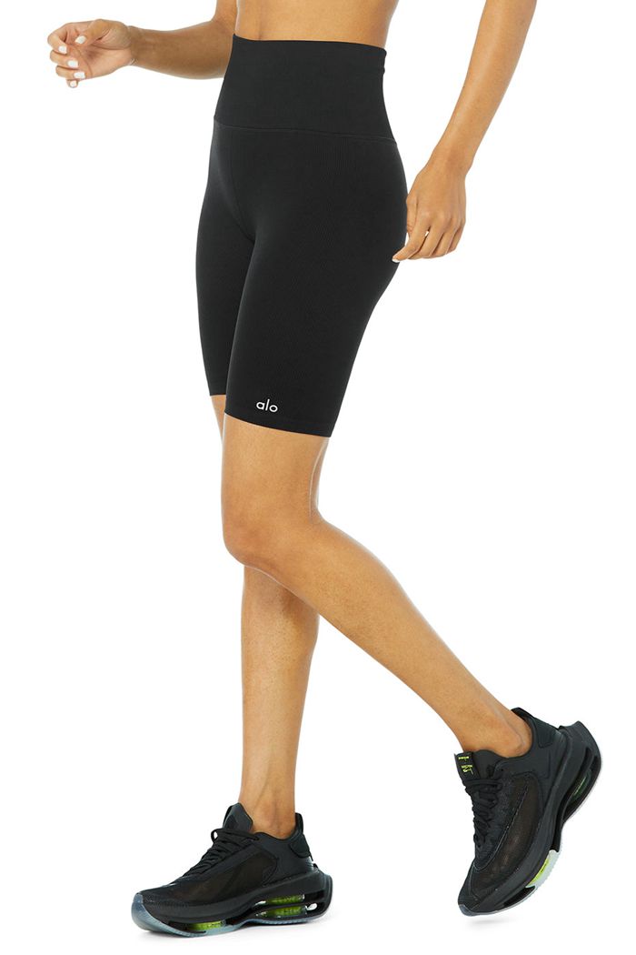 Black Alo Yoga Seamless High-Waist Ribbed Biker Women's Short | 40263BRWF