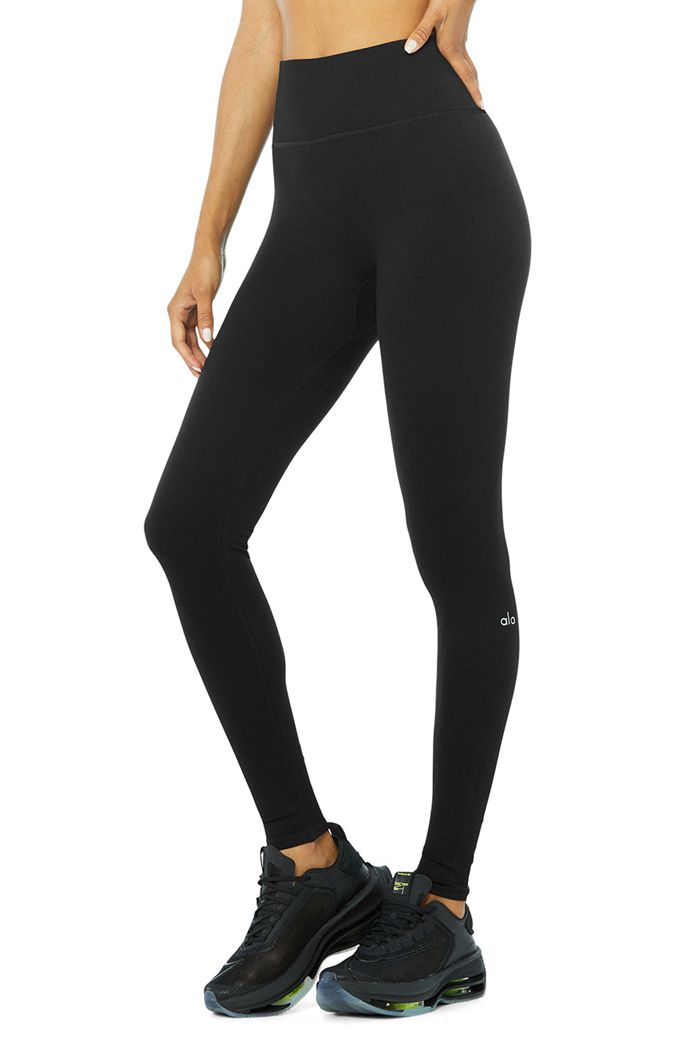 Black Alo Yoga Seamless High-Waist Ribbed Women's Leggings | 91354PIYQ