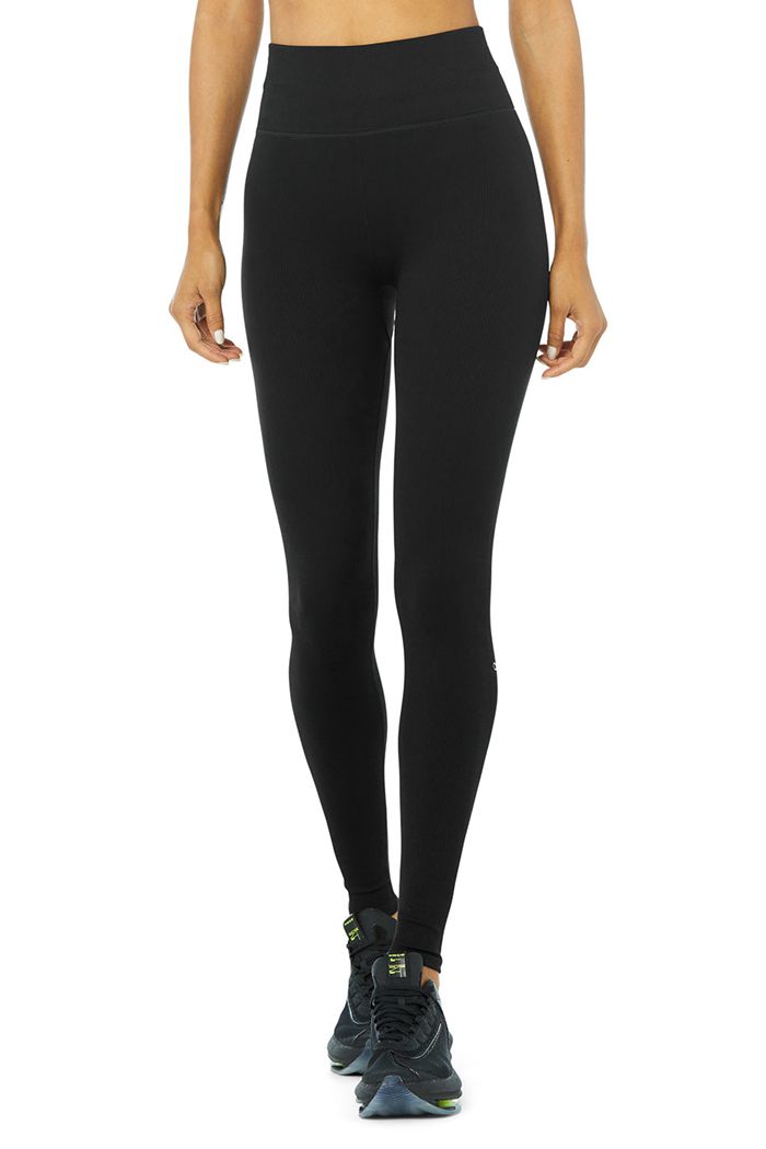 Black Alo Yoga Seamless High-Waist Ribbed Women\'s Leggings | 91354PIYQ