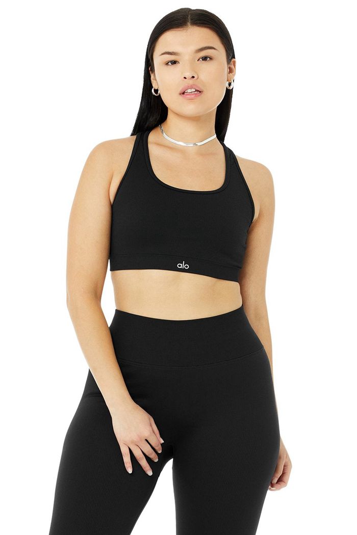 Black Alo Yoga Seamless Ribbed Women's Bras | 59607RHYV