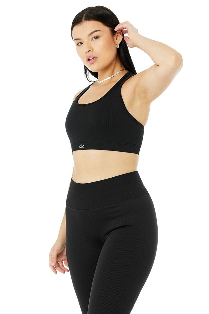 Black Alo Yoga Seamless Ribbed Women's Bras | 59607RHYV