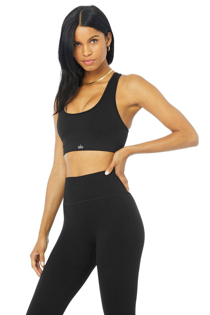 Black Alo Yoga Seamless Ribbed Women\'s Bras | 59607RHYV