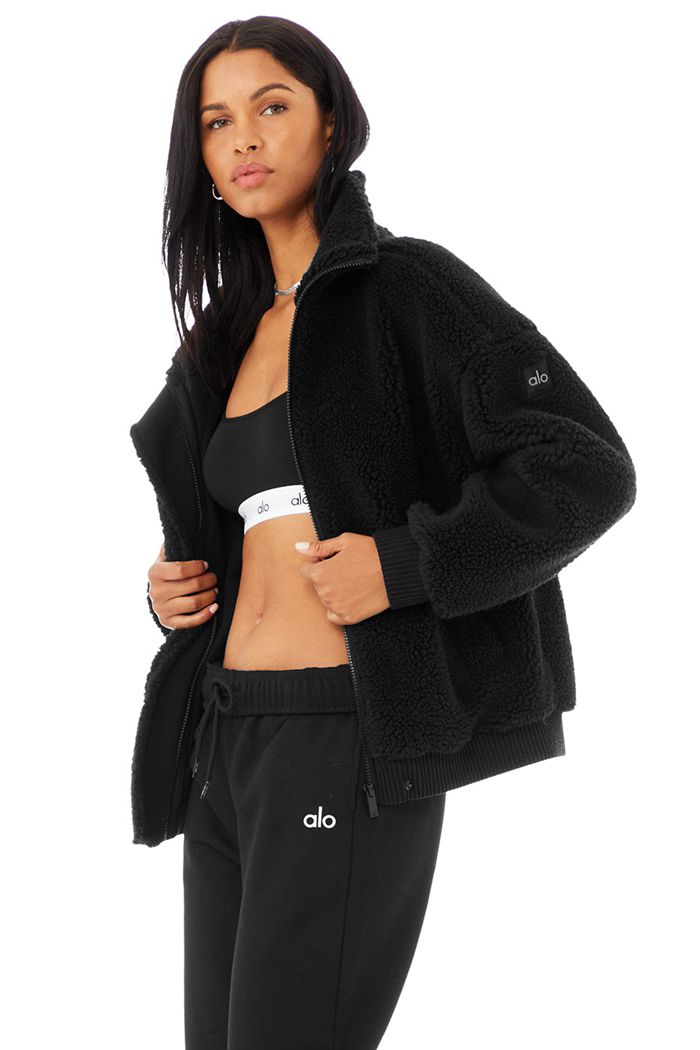 Black Alo Yoga Sherpa Varsity Women's Jackets | 87035AFGR