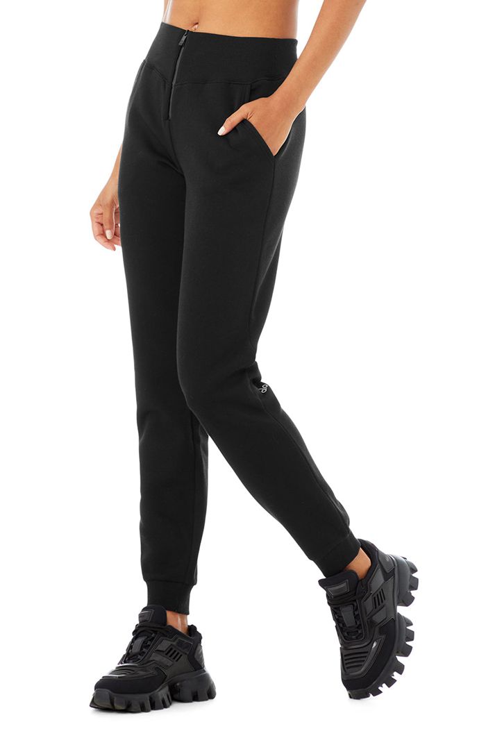 Black Alo Yoga Slick Zip Front Sweat Women's Pants | 58472ISCU