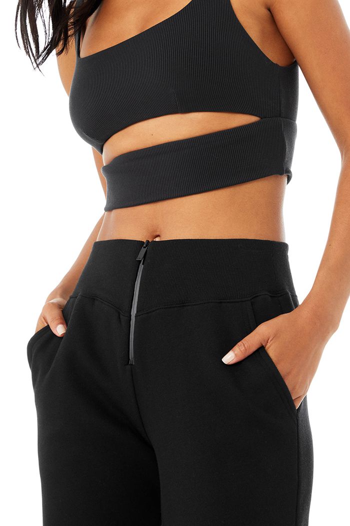 Black Alo Yoga Slick Zip Front Sweat Women's Pants | 58472ISCU