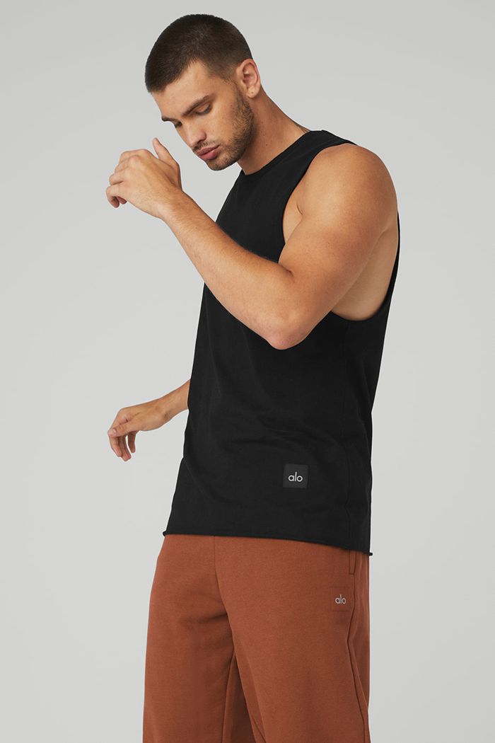 Black Alo Yoga Society Men's Tank Tops | 71926YUSD