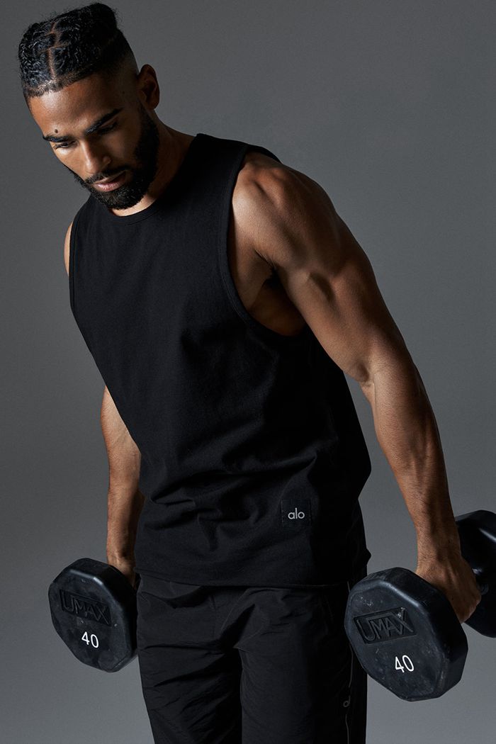 Black Alo Yoga Society Men's Tank Tops | 71926YUSD