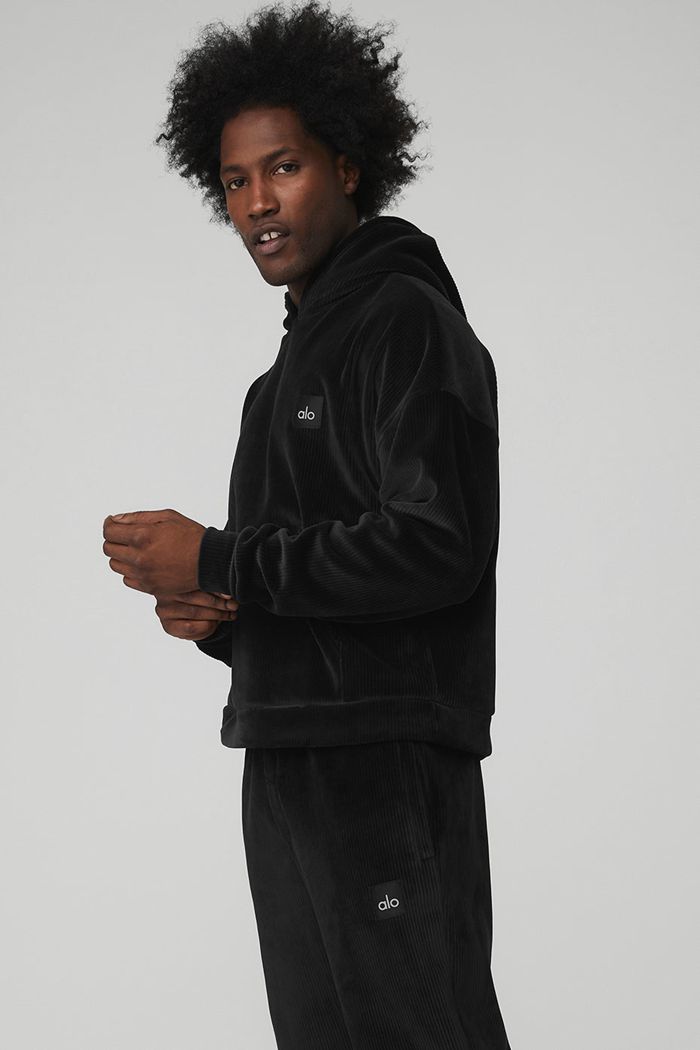 Black Alo Yoga Velour Baller Men's Hoodie | 35184EWMA