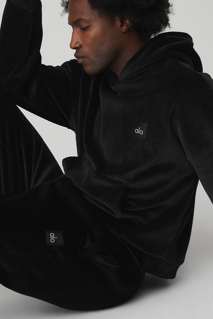 Black Alo Yoga Velour Baller Men's Hoodie | 35184EWMA