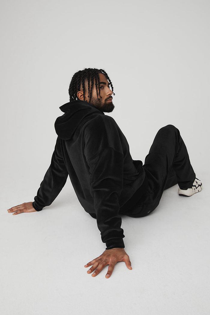 Black Alo Yoga Velour Baller Men's Hoodie | 35184EWMA