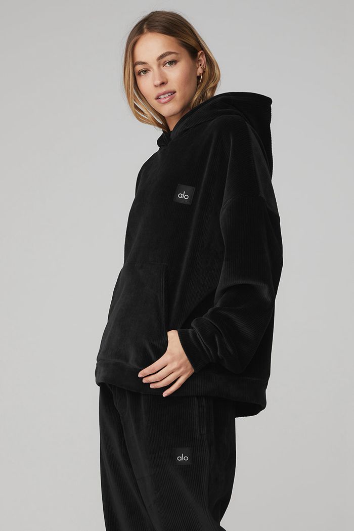 Black Alo Yoga Velour Baller Women's Hoodie | 81649LISK