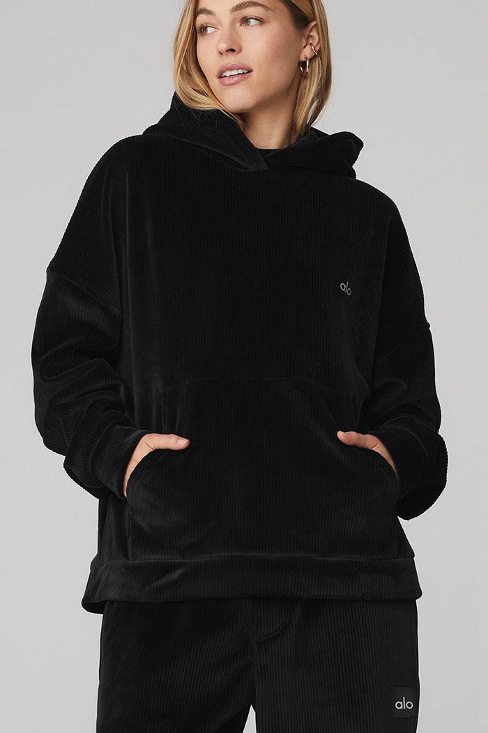 Black Alo Yoga Velour Baller Women's Hoodie | 81649LISK