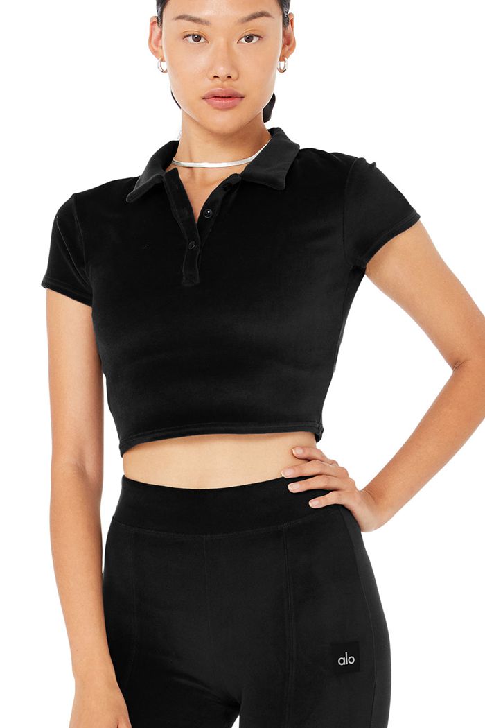 Black Alo Yoga Velour Choice Polo Women's Short Sleeve | 81704JNIX