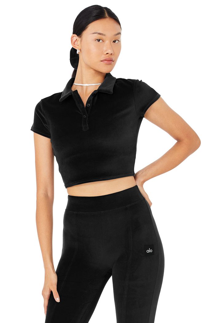 Black Alo Yoga Velour Choice Polo Women\'s Short Sleeve | 81704JNIX