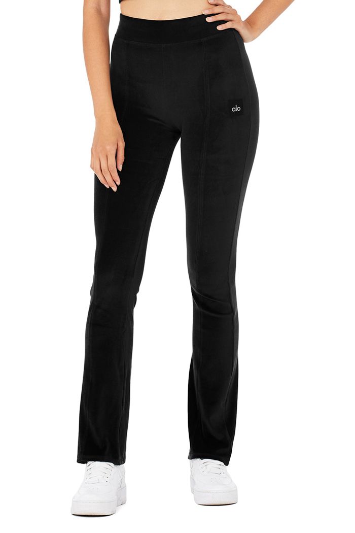 Black Alo Yoga Velour Flare Women\'s Leggings | 29437HMQZ