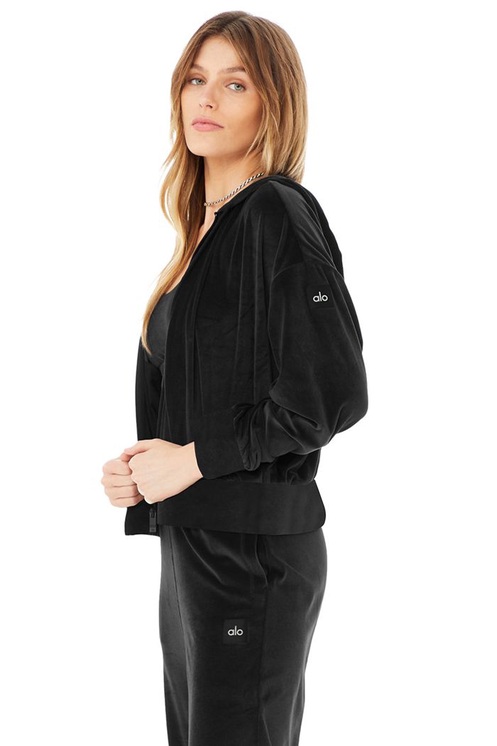 Black Alo Yoga Velour Glimmer Full Zip Women's Hoodie | 74132RLXB