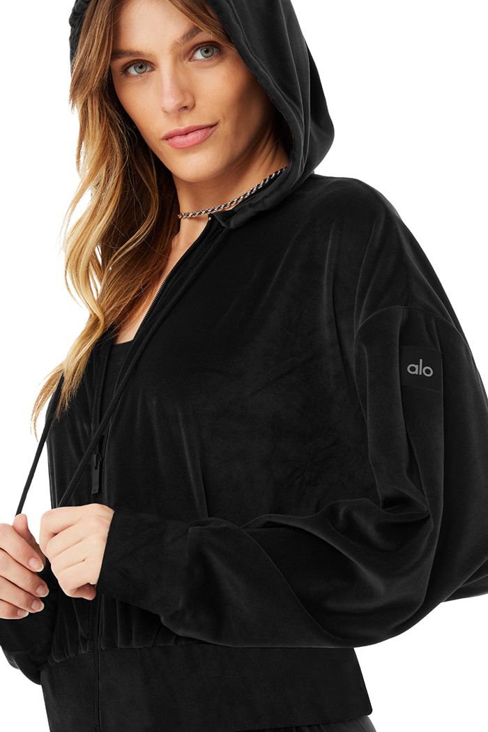 Black Alo Yoga Velour Glimmer Full Zip Women's Hoodie | 74132RLXB