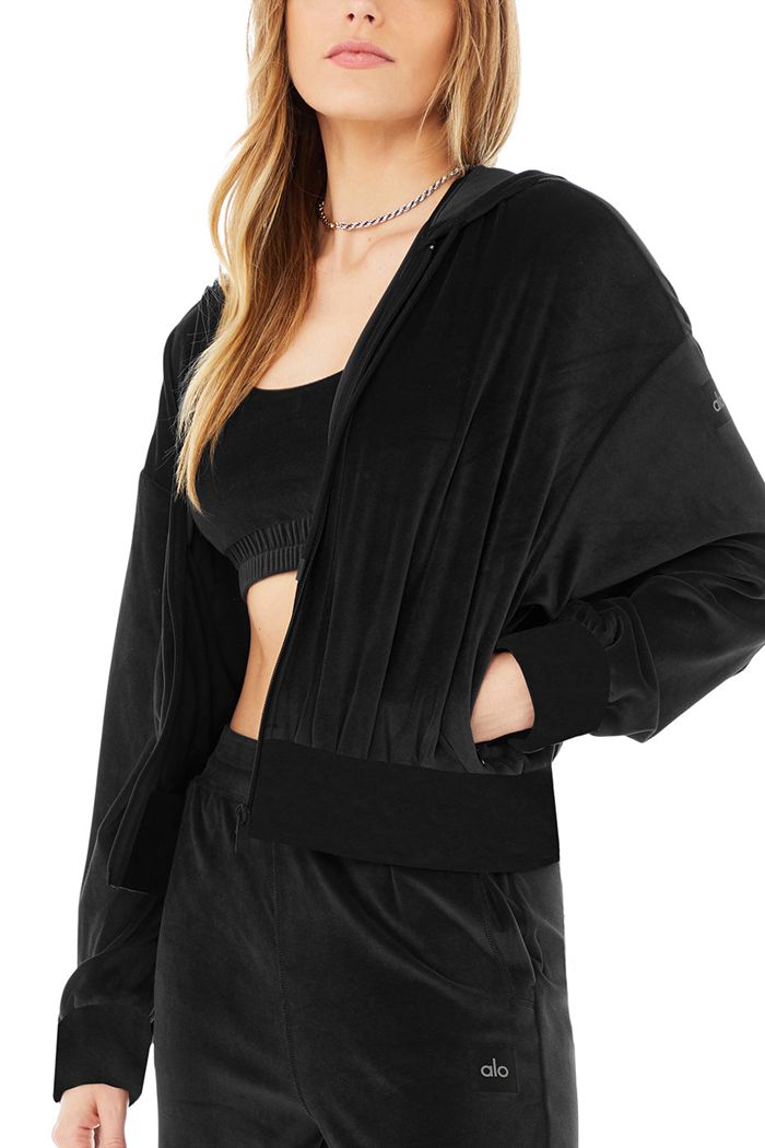 Black Alo Yoga Velour Glimmer Full Zip Women's Hoodie | 74132RLXB