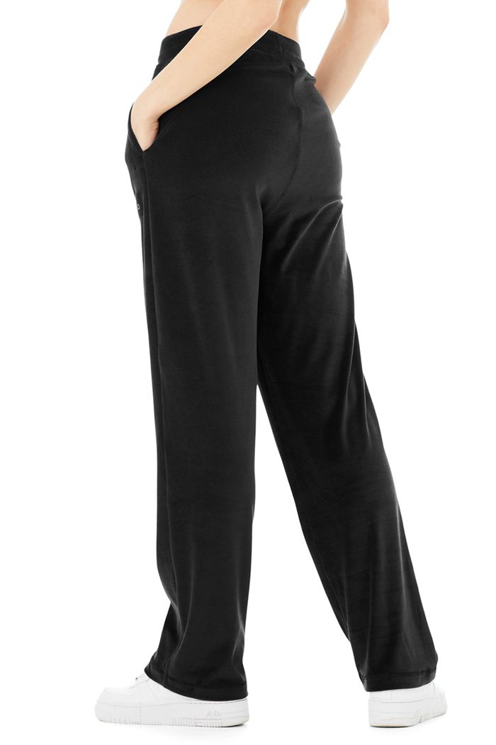 Black Alo Yoga Velour High-Waist Glimmer Wide Leg Women's Pants | 85106LQWS