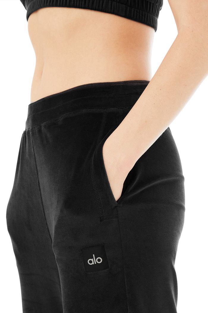 Black Alo Yoga Velour High-Waist Glimmer Wide Leg Women's Pants | 85106LQWS