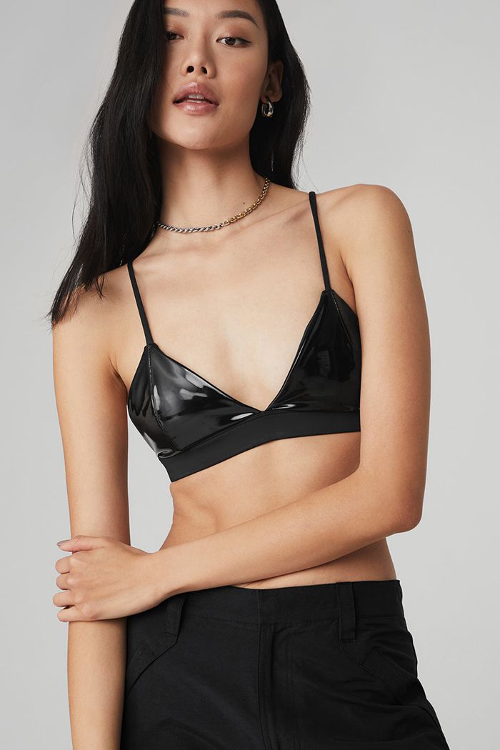 Black Alo Yoga Vinyl Sleek Women's Bras | 24738HLFK