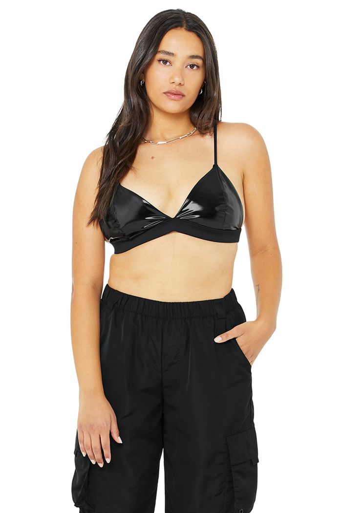 Black Alo Yoga Vinyl Sleek Women's Bras | 24738HLFK