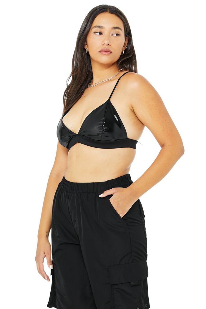 Black Alo Yoga Vinyl Sleek Women's Bras | 24738HLFK