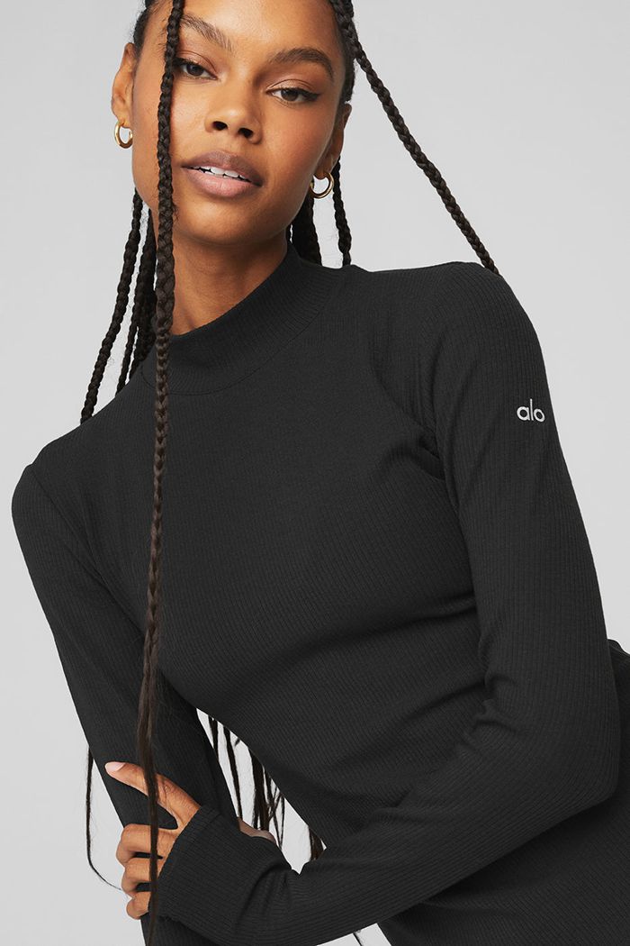 Black Alo Yoga Wellness Rib Mock Neck Women's Long Sleeve | 47856QOIW