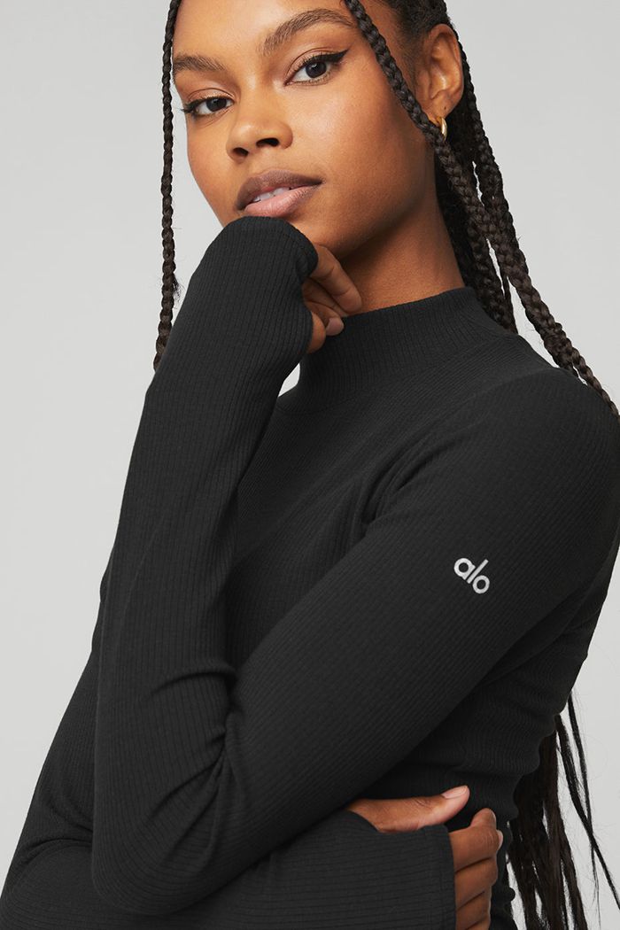 Black Alo Yoga Wellness Rib Mock Neck Women's Long Sleeve | 47856QOIW