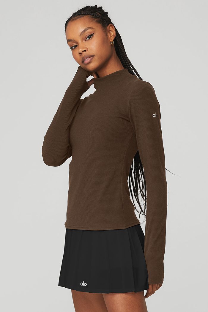 Black Alo Yoga Wellness Rib Mock Neck Women's Long Sleeve | 98201OUDQ