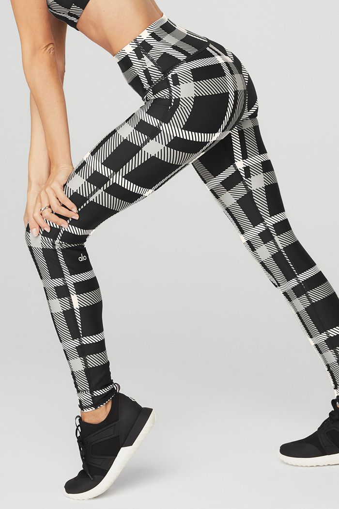 Black White Alo Yoga Airlift High-Waist Magnified Plaid Women's Leggings | 29174JCPB