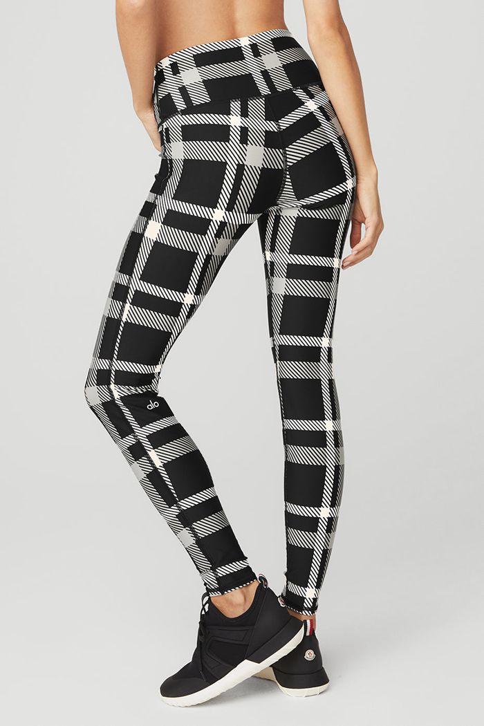 Black White Alo Yoga Airlift High-Waist Magnified Plaid Women's Leggings | 29174JCPB