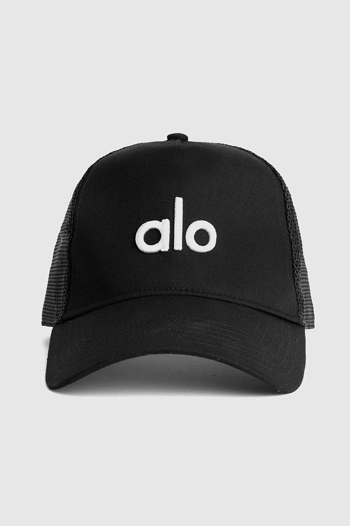 Black White Alo Yoga District Trucker Men's Hats | 23015RMOU