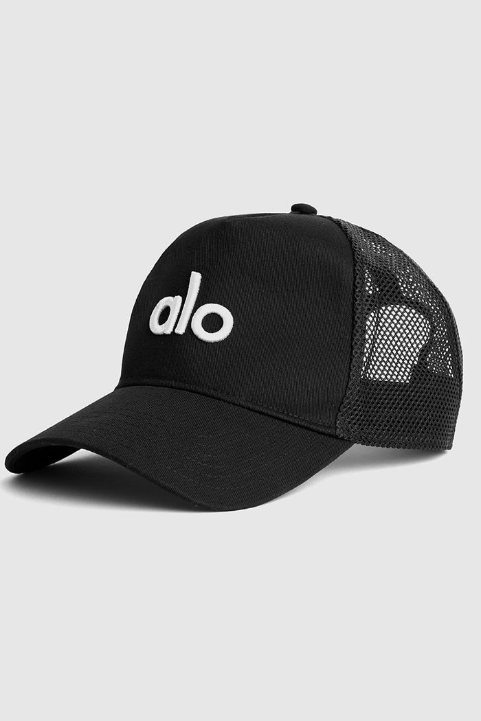 Black White Alo Yoga District Trucker Men\'s Hats | 23015RMOU