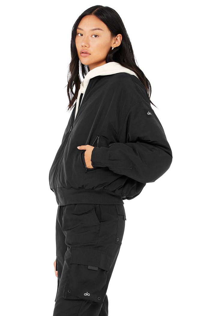 Black White Alo Yoga Faux Fur Urbanite Bomber Women's Jackets | 71359LIJN