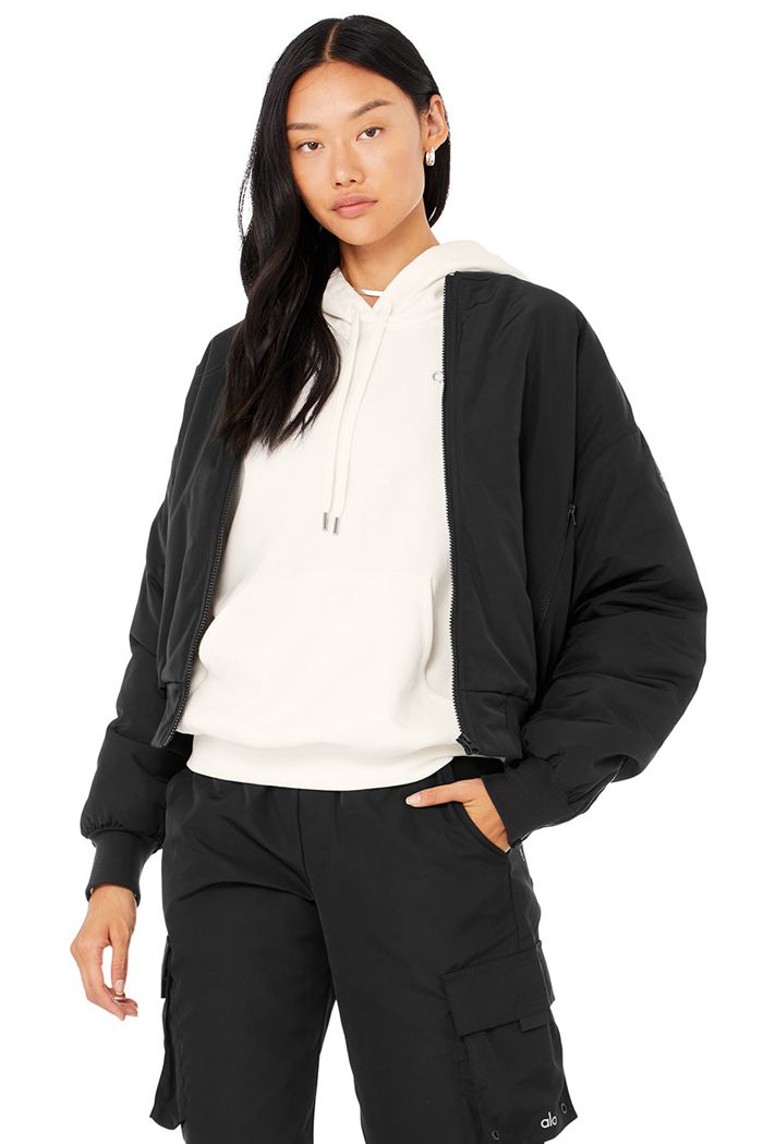 Black White Alo Yoga Faux Fur Urbanite Bomber Women's Jackets | 71359LIJN