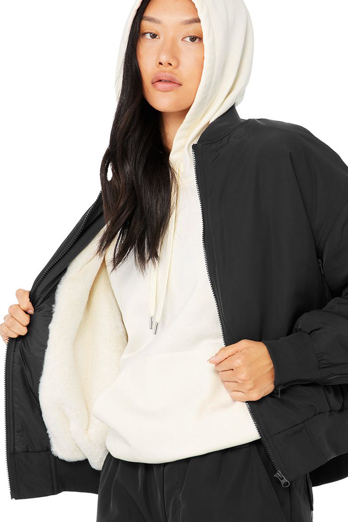 Black White Alo Yoga Faux Fur Urbanite Bomber Women's Jackets | 71359LIJN