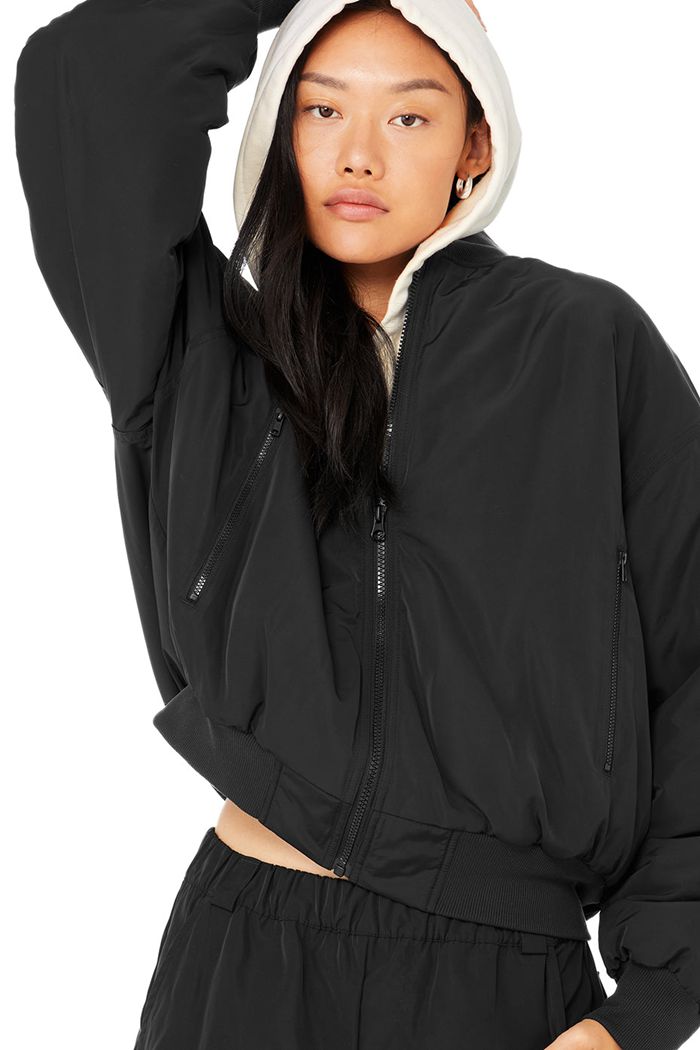 Black White Alo Yoga Faux Fur Urbanite Bomber Women's Jackets | 71359LIJN