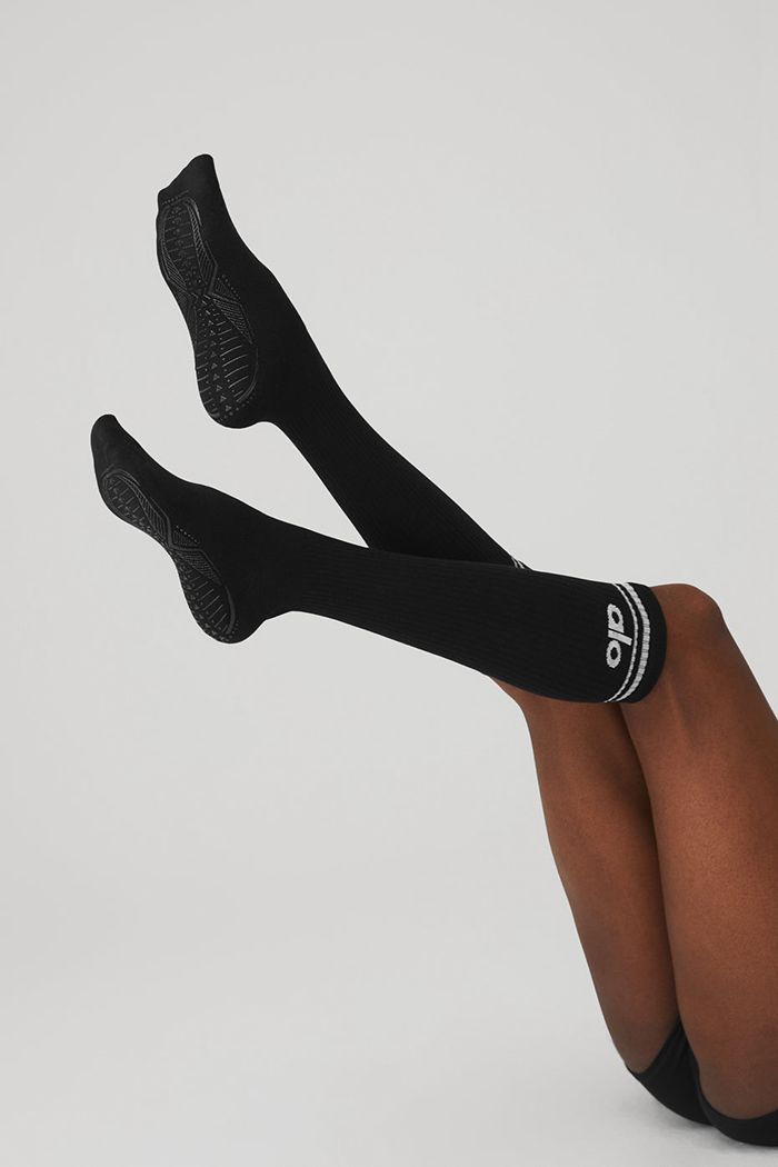 Black White Alo Yoga Knee-High Throwback Barre Women's Socks | 78904XQLT