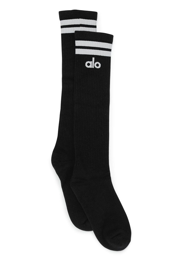 Black White Alo Yoga Knee-High Throwback Women\'s Socks | 86023EMFS