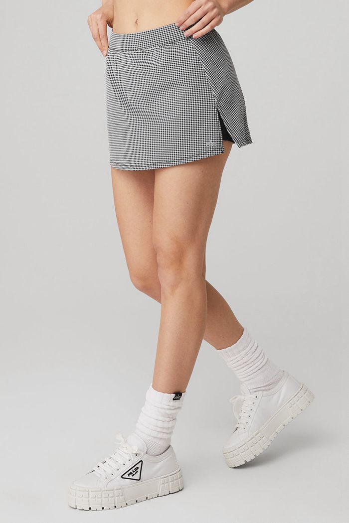 Black White Alo Yoga Micro Houndstooth Tennis Women's Skirts | 04863QFNK