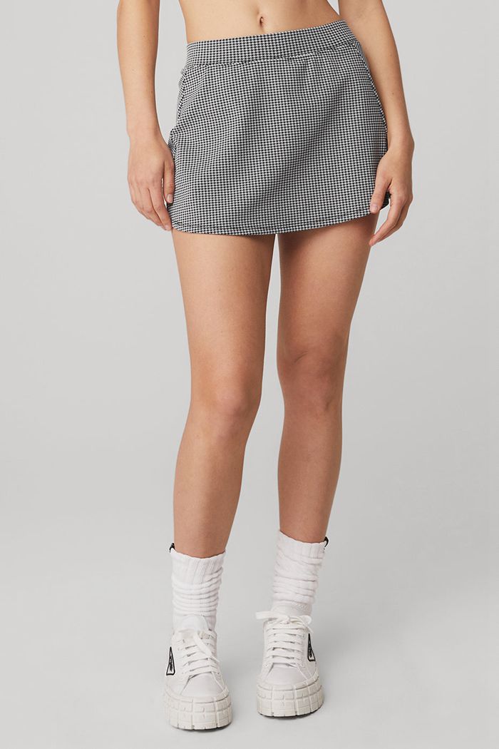 Black White Alo Yoga Micro Houndstooth Tennis Women\'s Skirts | 04863QFNK