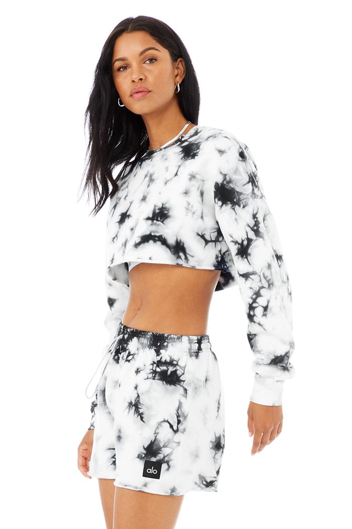 Black White Alo Yoga Tie-Dye Extreme Crop Crew Neck Women's Long Sleeve | 40163YIGK