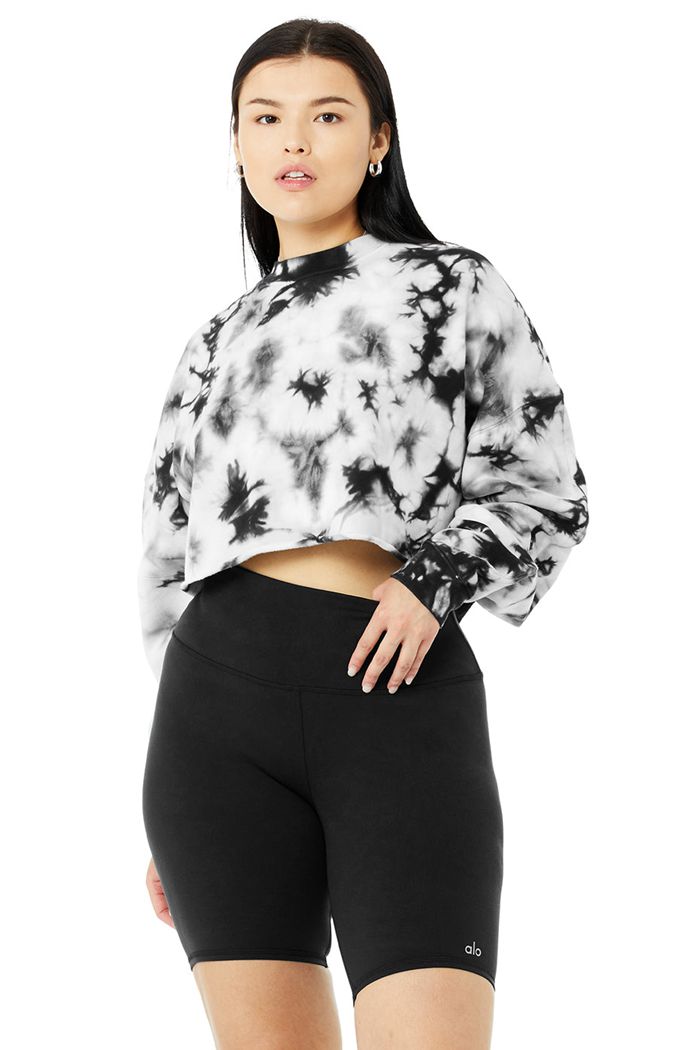 Black White Alo Yoga Tie-Dye Extreme Crop Crew Neck Women's Long Sleeve | 40163YIGK