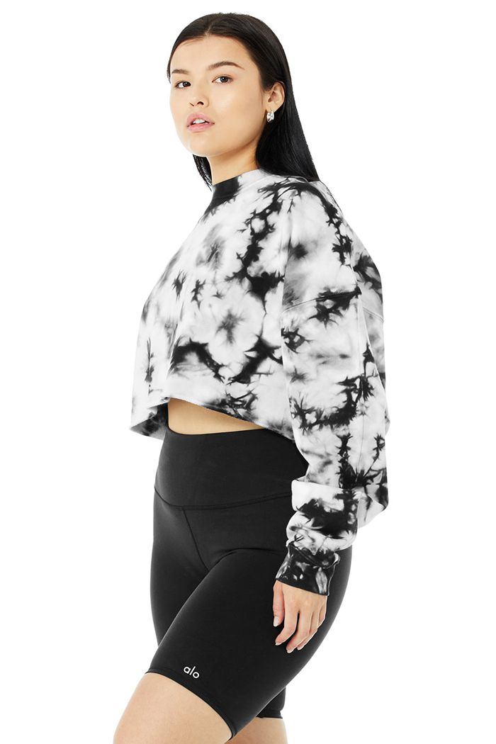 Black White Alo Yoga Tie-Dye Extreme Crop Crew Neck Women's Long Sleeve | 40163YIGK