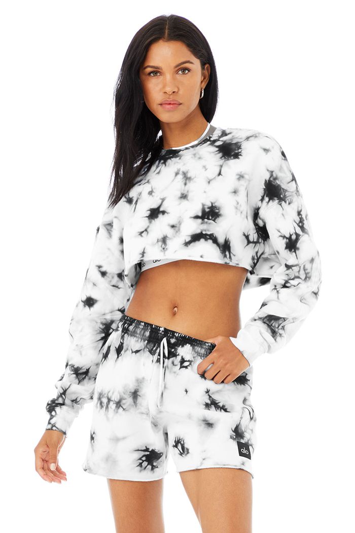 Black White Alo Yoga Tie-Dye Extreme Crop Crew Neck Women\'s Long Sleeve | 40163YIGK