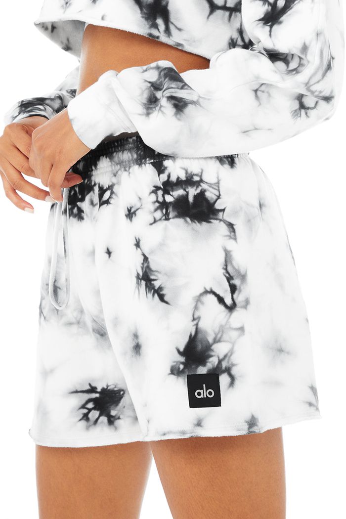 Black White Alo Yoga Tie-Dye Gym Sweat Women's Short | 32580OUDJ