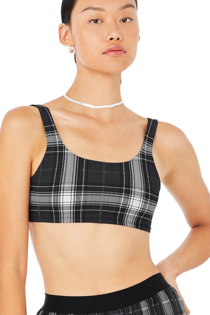 Black White Alo Yoga Vapor Legacy Plaid Women's Bras | 15802ZLJO