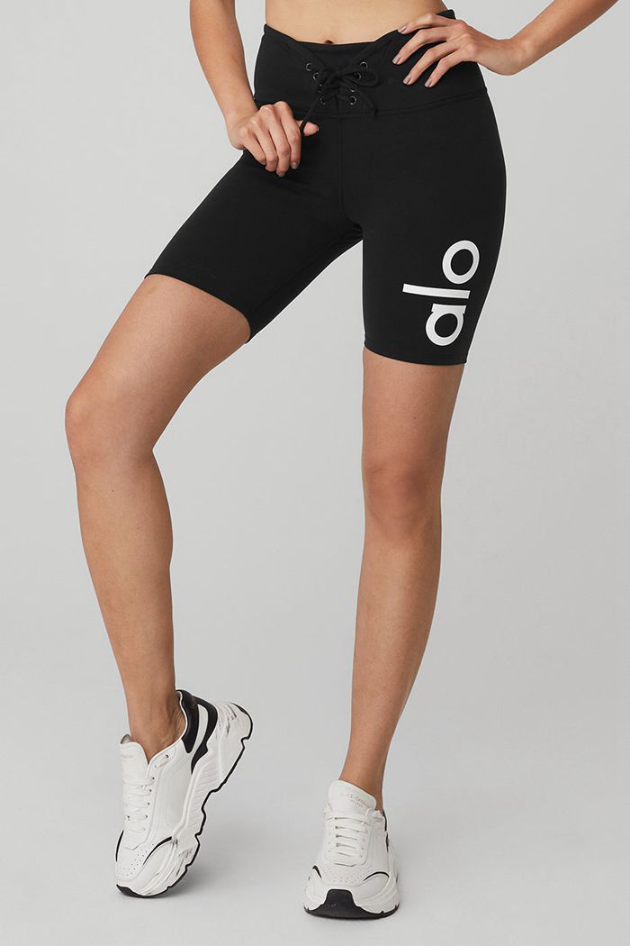 Black White Alo Yoga Yogi Lace Up Women's Short | 20341VDZP